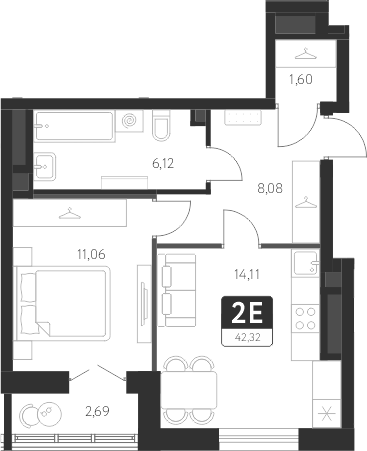 Планировка — Спутник-1, 1-комн., 41 м²