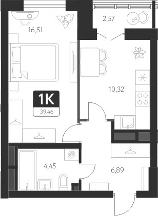 Планировка — Спутник-1, 1-комн., 38 м²