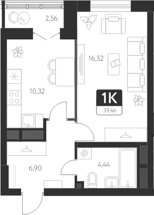 Планировка — Спутник-1, 1-комн., 38 м²