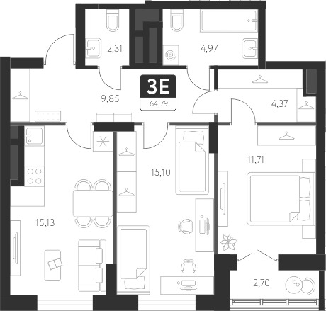 Планировка — Спутник-1, 3-комн., 63 м²