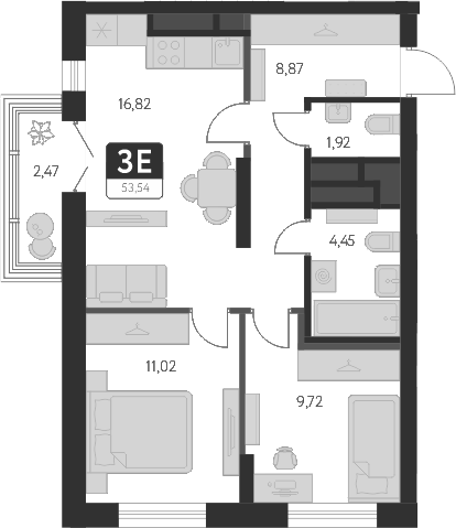 Планировка — Спутник-1, 3-комн., 53 м²