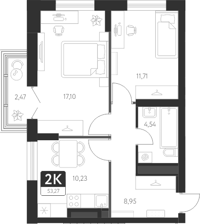 Планировка — Спутник-1, 2-комн., 53 м²