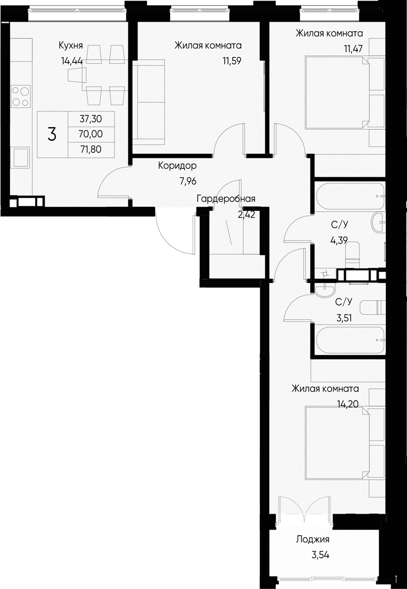 Планировка — Васильевский остров, 3-комн., 70 м²