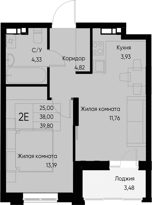 Планировка — Васильевский остров, 2-комн., 38 м²