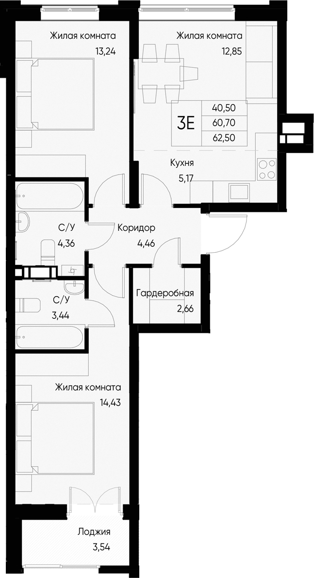 Планировка — Васильевский остров, 3-комн., 61 м²