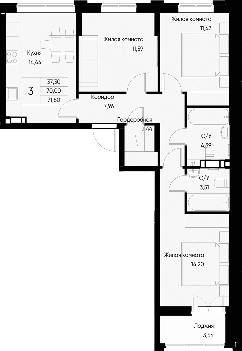 Планировка — Васильевский остров, 3-комн., 70 м²