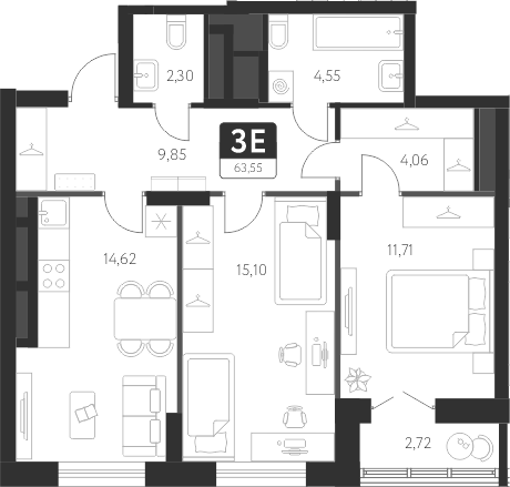 Планировка — Спутник-1, 2-комн., 62 м²