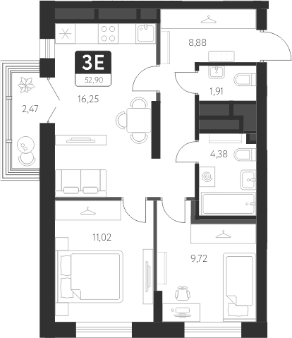 Планировка — Спутник-1, 3-комн., 52 м²