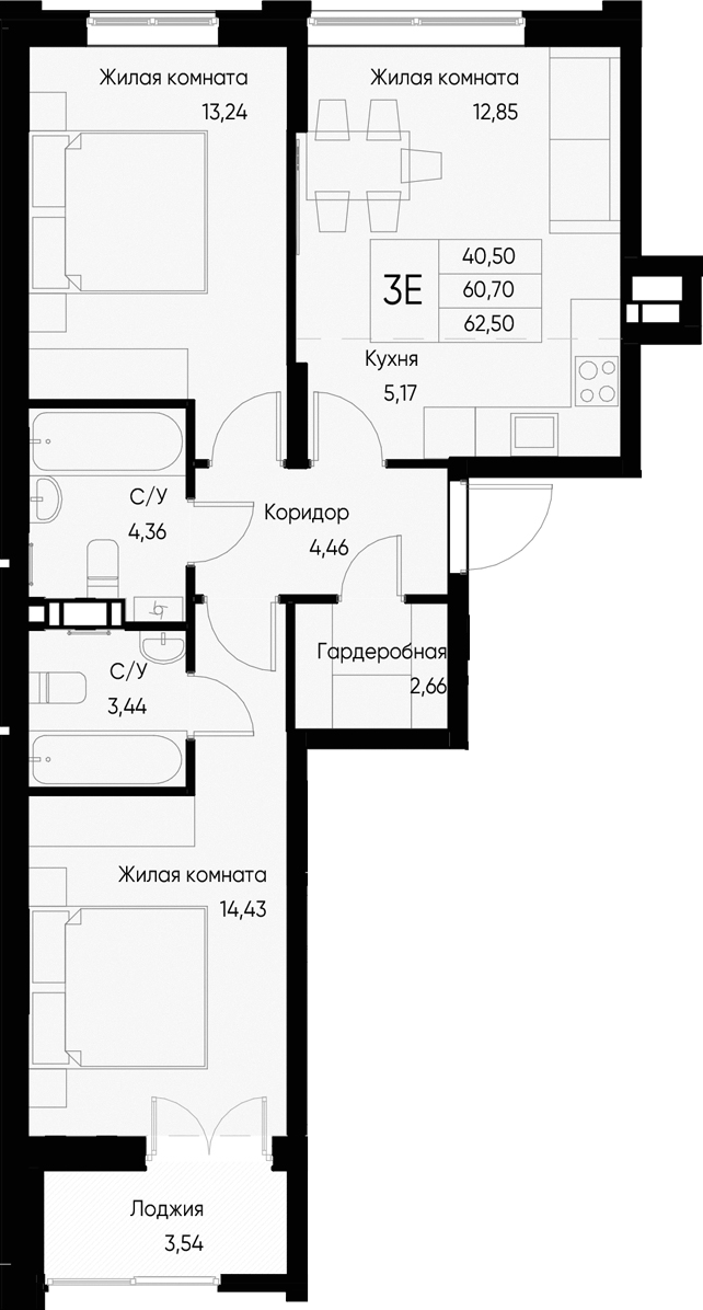 Планировка — Васильевский остров, 3-комн., 61 м²