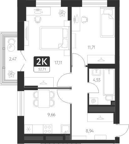 Планировка — Спутник-1, 2-комн., 52 м²