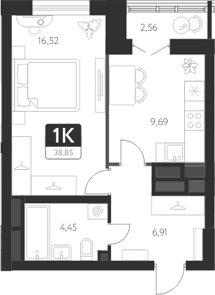Планировка — Спутник-1, 1-комн., 38 м²