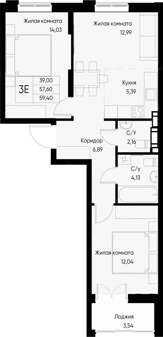 Планировка — Васильевский остров, 3-комн., 58 м²