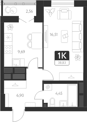 Планировка — Спутник-1, 1-комн., 38 м²