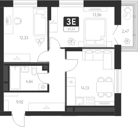 Планировка — Спутник-1, 2-комн., 55 м²