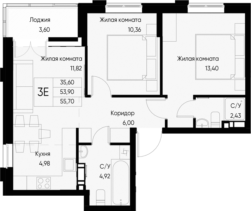 Планировка — Васильевский остров, 3-комн., 54 м²