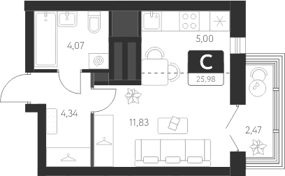Планировка — Спутник-1, Студия, 25 м²