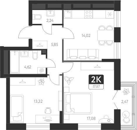 Планировка — Спутник-1, 2-комн., 57 м²