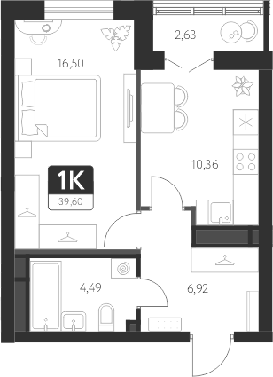 Планировка — Спутник-1, 1-комн., 38 м²
