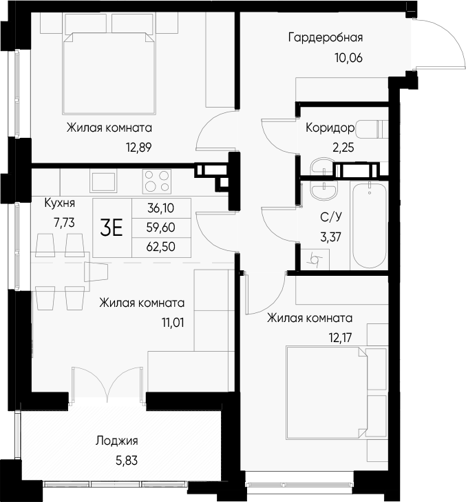 Планировка — Васильевский остров, 3-комн., 60 м²