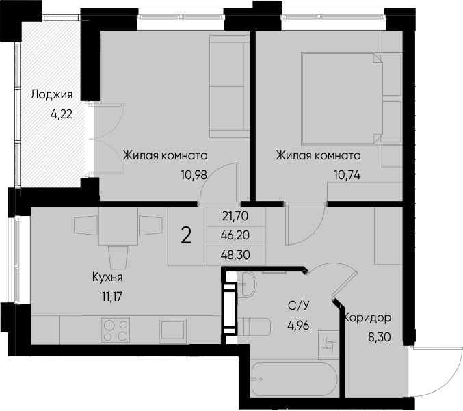 Планировка — Васильевский остров, 2-комн., 46 м²