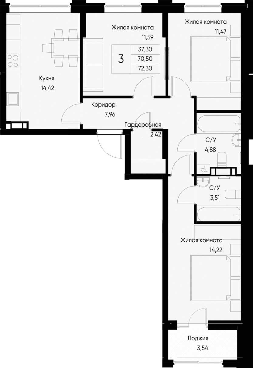 Планировка — Васильевский остров, 3-комн., 71 м²