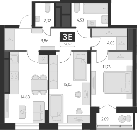 Планировка — Спутник-1, 3-комн., 63 м²