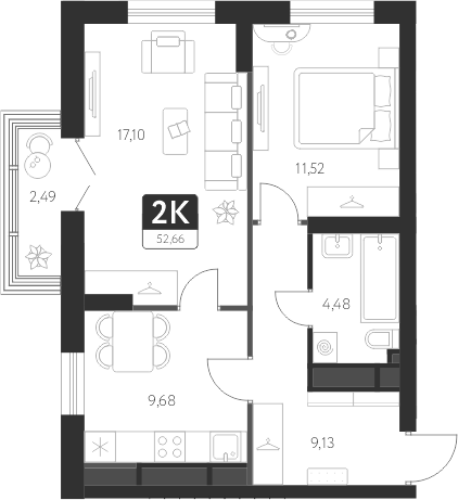 Планировка — Спутник-1, 2-комн., 52 м²