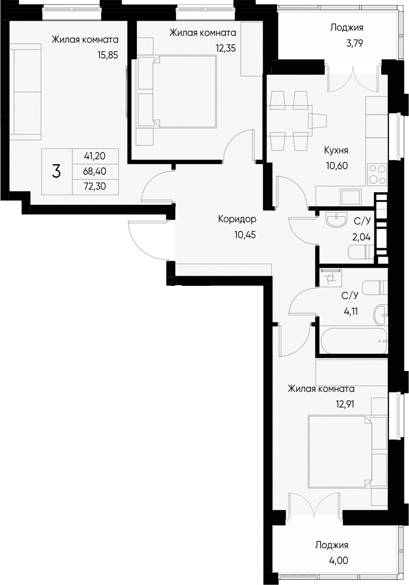 Планировка — Васильевский остров, 3-комн., 68 м²