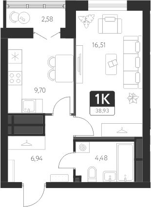 Планировка — Спутник-1, 1-комн., 38 м²