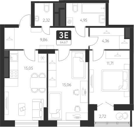 Планировка — Спутник-1, 3-комн., 63 м²