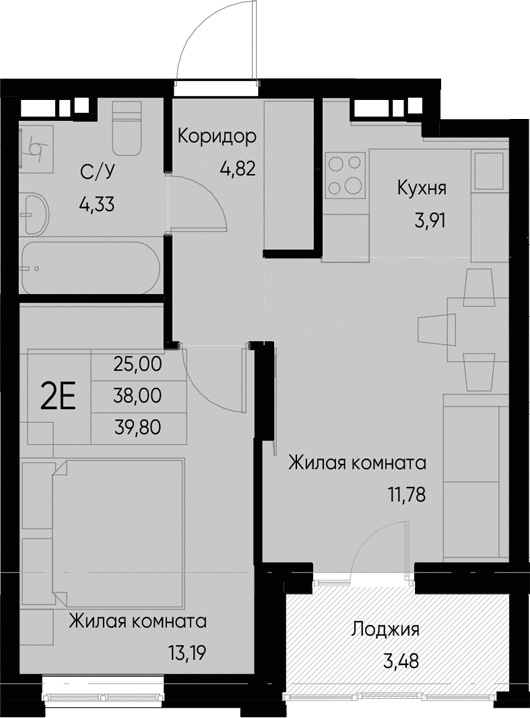 Планировка — Васильевский остров, 2-комн., 38 м²