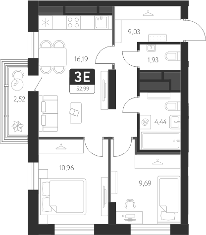 Планировка — Спутник-1, 3-комн., 52 м²