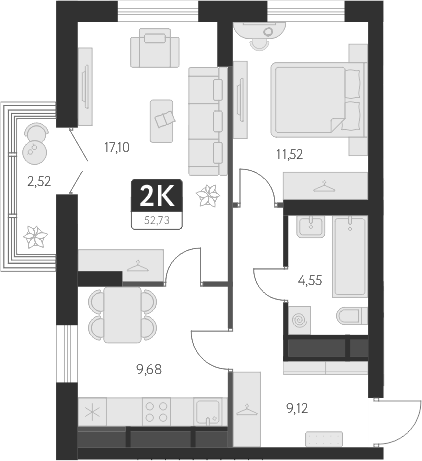 Планировка — Спутник-1, 2-комн., 52 м²