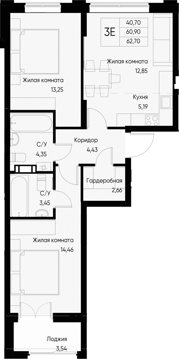 Планировка — Васильевский остров, 3-комн., 61 м²
