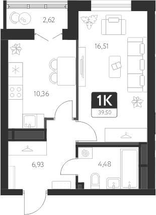 Планировка — Спутник-1, 1-комн., 38 м²