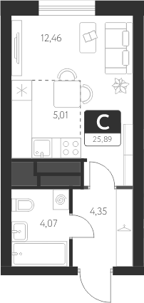 Планировка — Спутник-1, Студия, 26 м²
