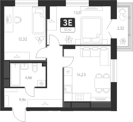 Планировка — Спутник-1, 2-комн., 55 м²