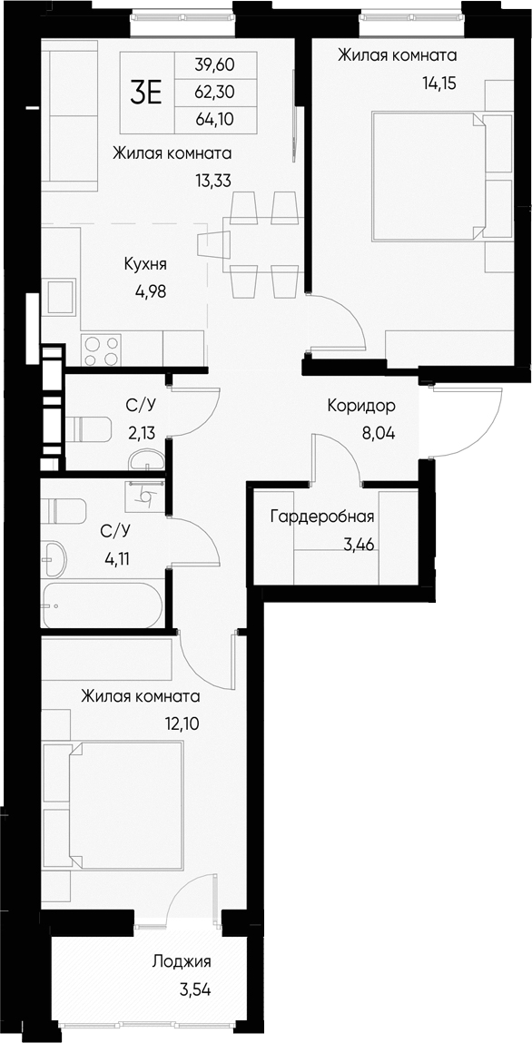 Планировка — Васильевский остров, 3-комн., 62 м²
