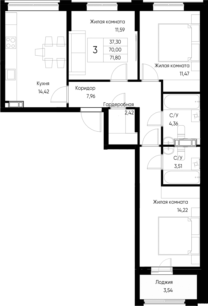Планировка — Васильевский остров, 3-комн., 70 м²