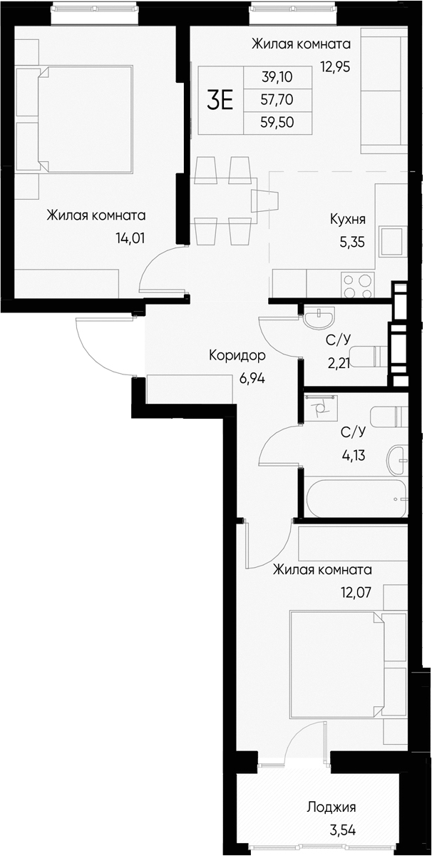 Планировка — Васильевский остров, 3-комн., 58 м²