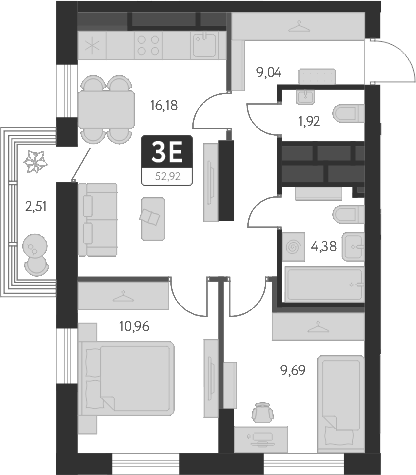 Планировка — Спутник-1, 3-комн., 52 м²