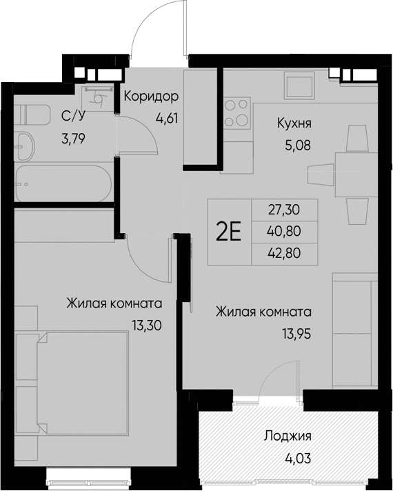 Планировка — Васильевский остров, 2-комн., 41 м²