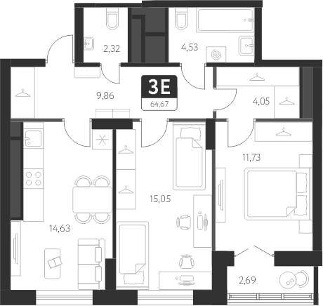 Планировка — Спутник-1, 2-комн., 62 м²