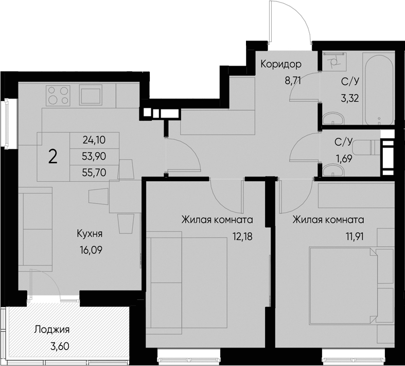 Планировка — Васильевский остров, 3-комн., 54 м²