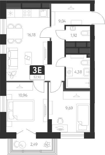 Планировка — Спутник-1, 3-комн., 52 м²