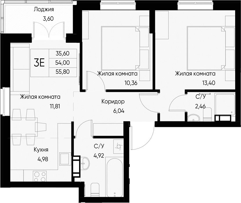 Планировка — Васильевский остров, 3-комн., 54 м²