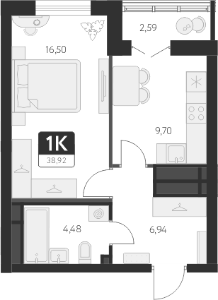 Планировка — Спутник-1, 1-комн., 38 м²