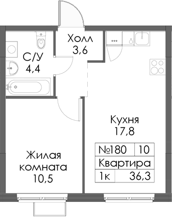 Планировка — Нокса парк, 1-комн., 36 м²