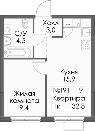 Планировка — Нокса парк, 1-комн., 33 м²