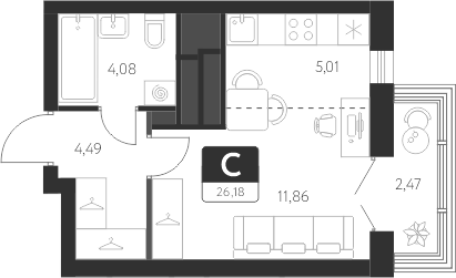 Планировка — Спутник-1, Студия, 25 м²